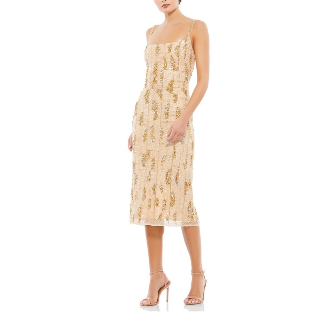 Mac Duggal Nude /Gold Vertically Embellished Sequins Midi Cocktail Dress Reemoly